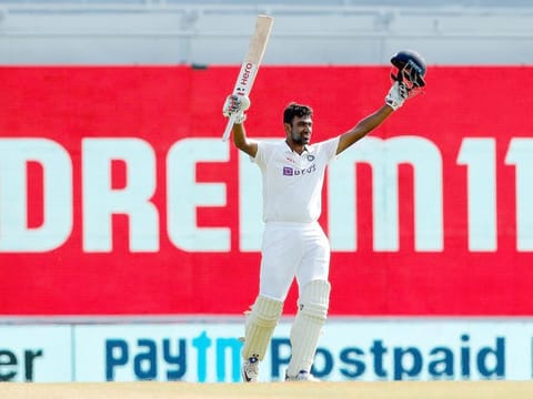 India's Ravichandran Ashwin celebrates his century during the 3rd day of the 2nd test match against England at MA Chidambaram Stadium, in Chennai. 