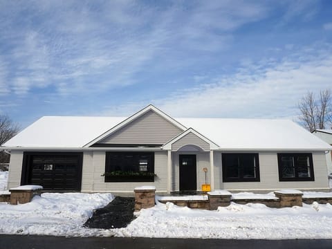 The outside of a proof of concept 3D printed house is pictured in Long Island, New York. 