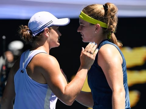 Karolina Muchova (right) gets a pat from world No.1 Ashleigh Barty after her upset win in the quarter finals. 