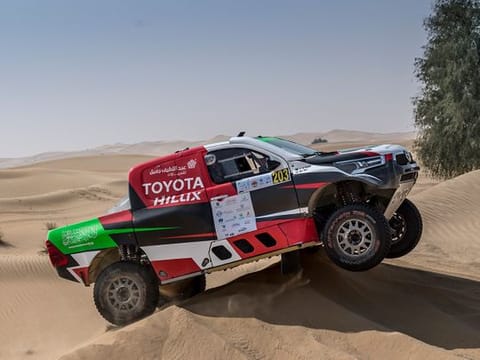 Saudi Arabia’s Yazeed Al Rajhi and his British co-driver Michael Orr on their way to winning the Dubai International Baja on Saturday.