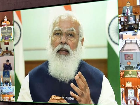 Prime Minister Narendra Modi addresses at the 6th meeting of Governing Council of NITI Aayog, via video conferencing in New Delhi on Saturday. 