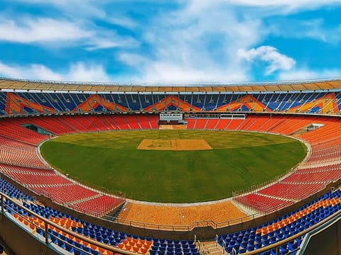 View of the Narendra Modi Stadium in Ahmedabad, Gujarat, India. It is the largest cricket stadium in the world.