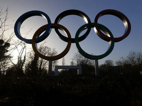 The Olympic rings in front of the International Olympic Committee (IOC) headquarters in Lausanne, Switzerland.