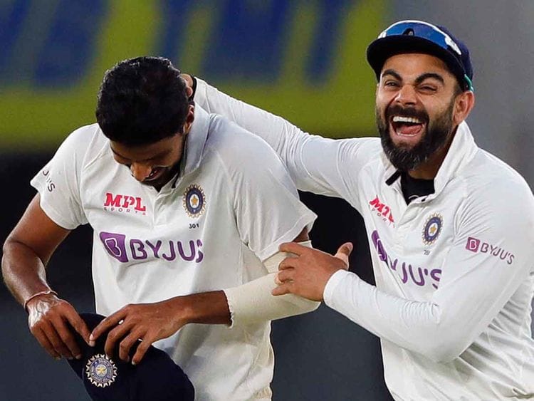 India's Washington Sundar and Virat Kohli celebrate the dismissal of England's James Anderson during the 2nd day of the 3rd Test Match in the series between India and England at Narendra Modi Stadium, Motera in Ahmedabad on Thursday. 