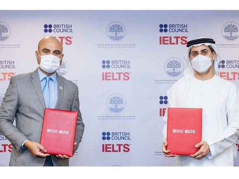 Dr Saif Al Shaali, Vice Chancellor, Mohamed Bin Zayed University for Humanities (right), is seen here with Deep Adhikari, Director Examinations Gulf South Cluster, British Council, at the launch of the new IELTS test centre 