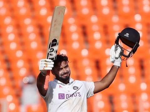 Rishabh Pant, who scored his third Test century under trying circumstances, acknowledges the crowd in Ahmedabad.