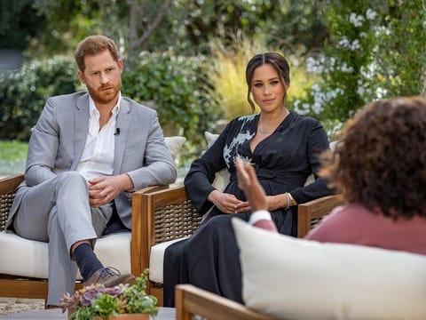 Britain's Prince Harry and Meghan, Duchess of Sussex, are interviewed by Oprah Winfrey in this undated handout photo.