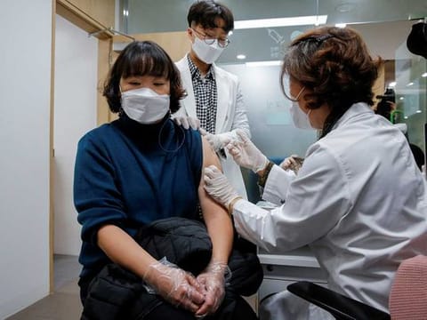 A nursing home worker receives the AstraZeneca COVID-19 vaccine at a health care centre as South Korea starts a vaccination campaign against the coronavirus disease (COVID-19), in Seoul, South Korea February 26, 2021. 