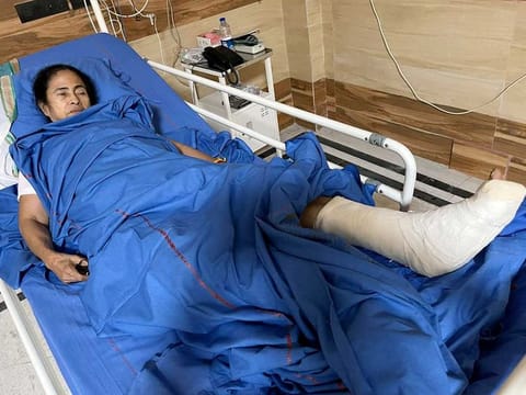 West Bengal Chief Minister Mamata Banerjee at SSKM Hospital in Kolkata on Thursday, March 11, 2021 after she was injured at Nandigram the previous day. 