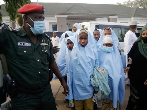 File picture: Some of the Government Girls Secondary School students who were abducted by gunmen in Jangebe, Nigeria, wait for a medical checkup after their release meeting with Zamfara state Gov. Bello Matawalle, in Gusau,  on March 2, 2021
