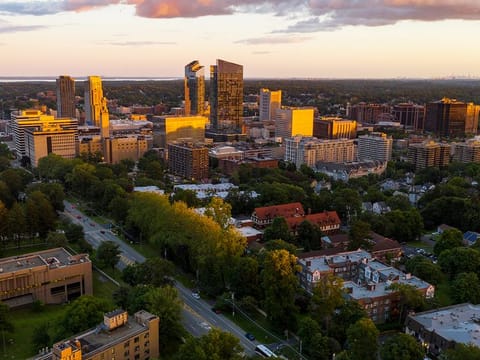 An aerial view of White Plains, New York at sunset. 