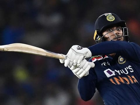 India’s Ishan Kishan plays a pull shot during the second Twenty20 international cricket match against England at the Narendra Modi Stadium in Ahmedabad on March 14, 2021. 