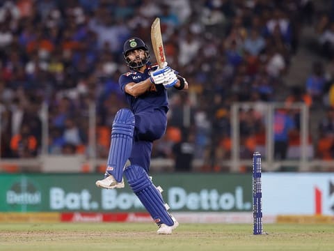 India's Virat Kohli hits a six to win the match against England in the second T20I, at Narendra Modi Stadium, Ahmedabad.   R