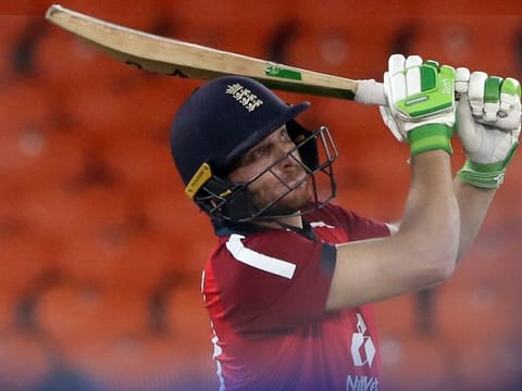 England's Jos Buttler in full flow during his match-winning innings of 83 during the third T20 match against India.