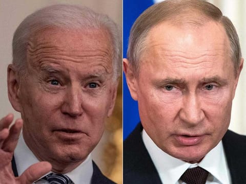 This combination of pictures created on March 17, 2021 shows US President Joe Biden(L) during remarks on the implementation of the American Rescue Plan in the State Dining room of the White House in Washington, DC on March 15, 2021, and Russian President Vladimir Putin  as he and his Turkish counterpart hold a joint press statement following their talks at the Kremlin in Moscow on March 5, 2020. 
