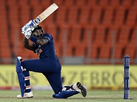 Suryakumar Yadav goes for mighty heave during his amazing debut innings of 57 off 31 balls on Thursday.
