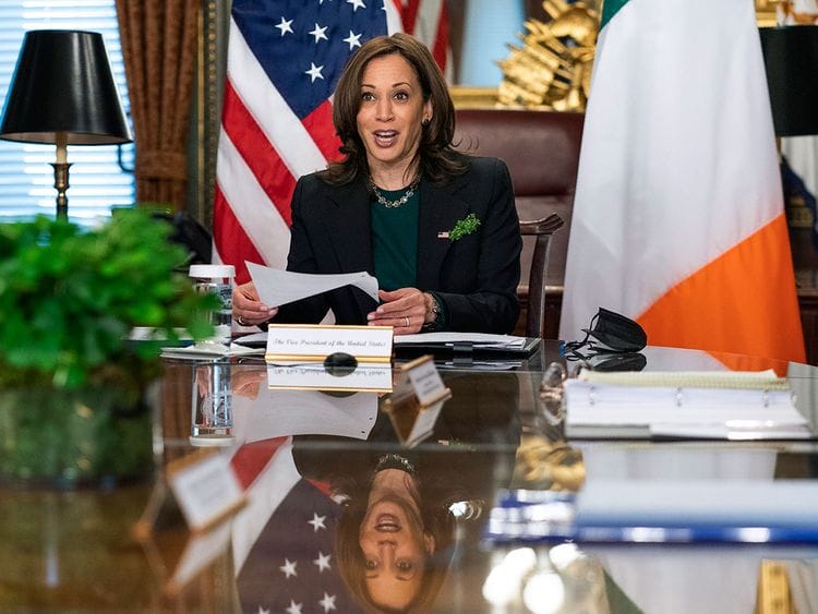 Vice President Kamala Harris talks to Irish Prime Minister Micheál Martin, during a virtual bilateral meeting in the Vice President's Ceremonial Office at the Eisenhower Executive Office Building on the White House complex in Washington, Wednesday, March 17, 2021. 
