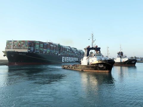 A view shows the container ship Ever Given after it was partially refloated, in Suez Canal.