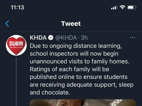 Screenshot of the tweet from KHDA on Thursday. 