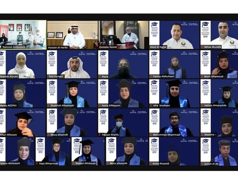 Delegates attend the virtual graduation ceremony of National Ambulance and the University of Sharjah (UOS) on Tuesday celebrated the graduation of 33 Emirati students from the third batch of the Emirati Emergency Medical Technician Programme.