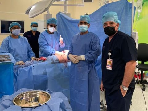 Dr J. S. Rajkumar (third from right) with Dr Sadir Alrawi (right) and other members of the medical team at Burjeel Specialty Hospital Sharjah.   