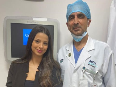 Isabella Goncalves Moraes with Dr Vikram Mohindra, specialist ophthalmologist at Aster Hospital, Mankhool.