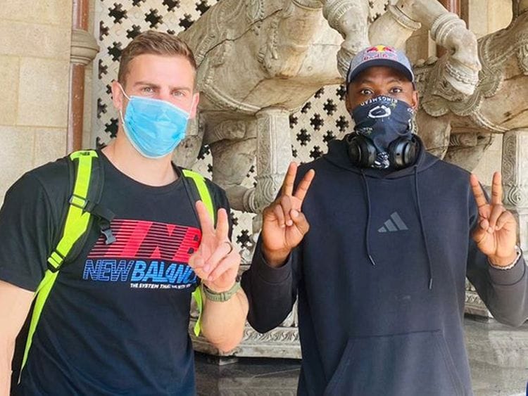 Delhi Capitals'  Anrich Nortje and Kagiso Rabada arive at the team hotel in Mumbai