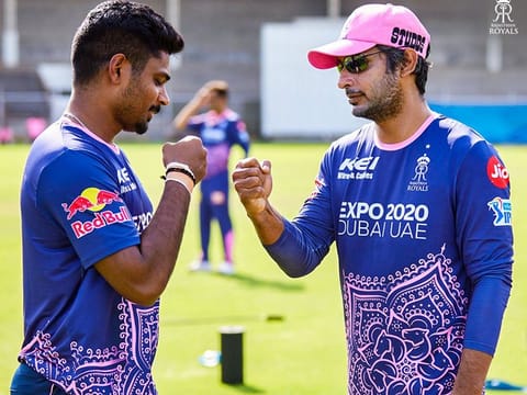 Sanju Samson, the new captain of Rajasthan Royals (left), bonds with technical director Kumar Sangakkara.