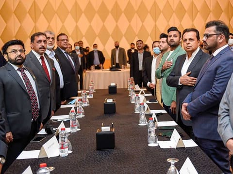 Zulfi Bukhari, Special Assistant to PM on Overseas Pakistanis, Afzaal Mahmood, Pakistan Ambassador, Ahmed Shaikhani, President, PBC, Shabbir Merchant, Director PBC, Imran Chaudhry and guests at the PBC reception in Dubai on Sunday.