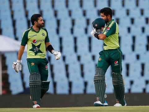 Pakistan's captain Babar Azam (right) celebrates scoring a century during their T20 series against South Africa last week.