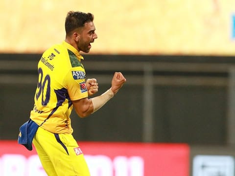 Deepak Chahar of Chennai Super Kings celebrates after taking the wicket of Deepak Hooda of Punjab Kings on Friday.