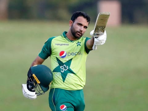 Pakistan's Fakhar Zaman celebrates after scoring a half-century during the fourth Twenty20 match against South Africa at SuperSport Park in Centurion on April 16, 2021. 