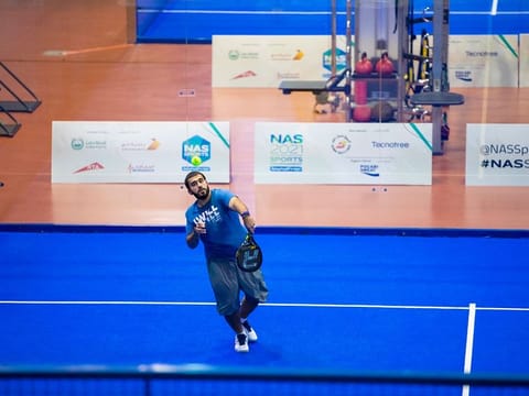 Khalid Al Kamali in action at the NAS Padel Championship during the Nad Al Sheba Sports Tournament