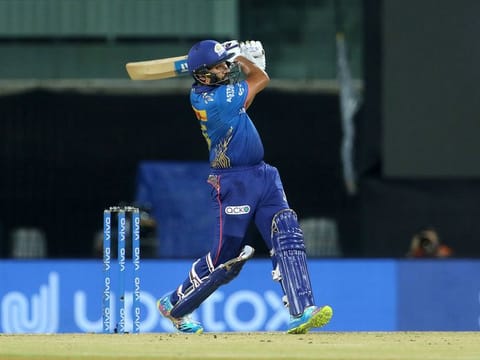 Rohit Sharma launches into a trademark pull shot during the IPL 2021 campaign.