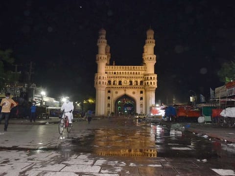 A view of  historic Chaar Minar during night curfew in Telangana which will continue from 9pm to 5am till the morning of May 1, in Hyderabad, Tuesday, April 20, 2021. 