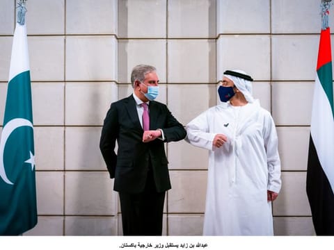Sheikh Abdullah Bin Zayed receives Shah Mahmood Qureshi in Abu Dhabi on Monday. 