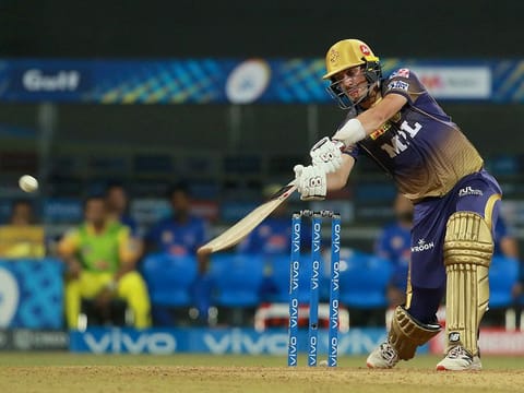 Pat Cummins of Kolkata Knight Riders slices a delivery for six during his explosive innings of 66 against Chennai Super Kings.