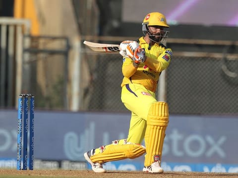 Ravindra Jadeja of the Chennai Super Kings plays a shot against the Royal Challengers Bangalore in an IPL 2021 match at the Wankhede Stadium in Mumbai on April 25, 2021.