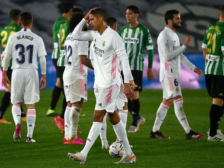 Real Madrid's French defender Raphael Varane is downcast after the draw with Real Betis 