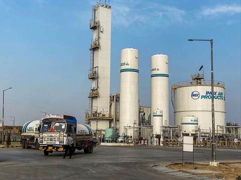 Tankers filled with liquid medical oxygen being transported to Delhi and UP from INOX oxygen plant, in Ghaziabad. 