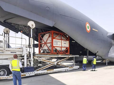 Oxygen tankers being airlifted on an IAF plane in Dubai. 