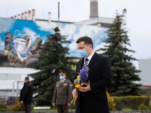 Ukrainian President Volodymyr Zelenskiy attends a ceremony marking the 35th anniversary of the Chernobyl disaster as he visits the Chernobyl Nuclear Power Plant, Ukraine April 26, 2021.