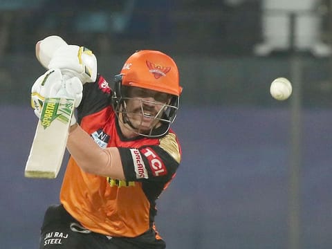 David Warner of Sunrisers Hyderabad plays a shot. 