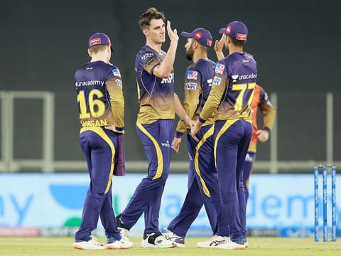 Kolkata Knight Riders players celebrate the wicket of Shikhar Dhawan of Delhi Capitals. Two KKR players have tested positive for COVID-19.
