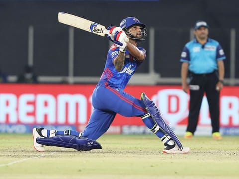 Shikhar Dhawan of Delhi Capitals hits a sixer.  
