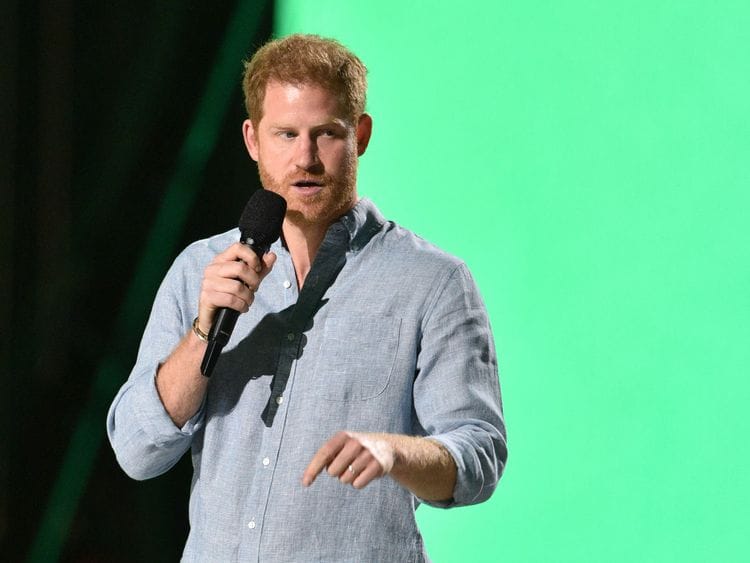 Co-Chair Britain's Prince Harry, Duke of Sussex, speaks onstage during the taping of the "Vax Live" fundraising concert at SoFi Stadium in Inglewood, California, on May 2, 2021