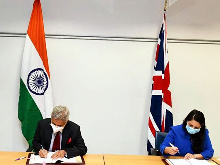 External Affairs Minister Dr. S. Jaishankar with Home Secretary of the United Kingdom Priti Patel, on Tuesday. 