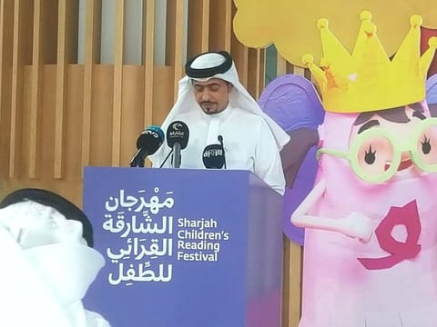 Sharjah Book Authority Chairman Ahmad Al Ameri addressing a press conference at the authority's headquarters on Wednesday regarding the 13th edition of Sharjah Children's Reading Festival.