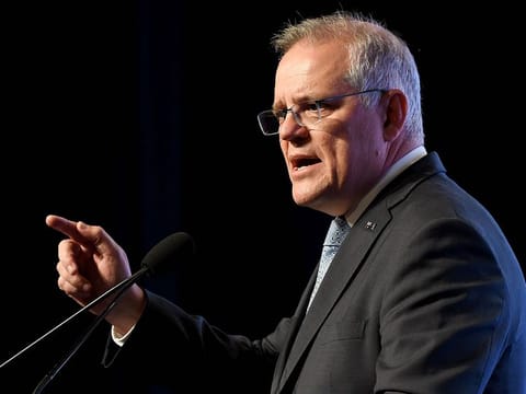 Australia's Prime Minister Scott Morrison speaks during an address at the Australia-Israel Chamber of Commerce luncheon in Melbourne on May 6, 2021. 