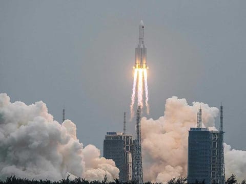 This file photo taken on April 29, 2021 shows a Long March 5B rocket, carrying China's Tianhe space station core module, lifting off from the Wenchang Space Launch Center in southern China's Hainan province. A large segment of the Long March 5B rocket re-entered the Earth's atmosphere and disintegrated over the Indian Ocean, state television reported on May 9, 2021 citing the China Manned Space Engineering Office, following fevered speculation over where the 18-tonne object would come down.